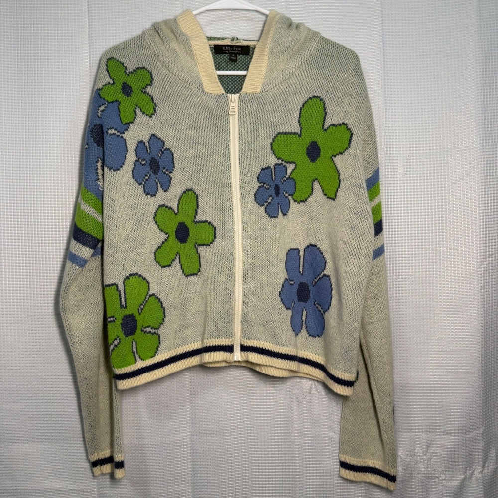 Witty Fox Floral Knit Hoodie M Cream Blue Green Zip Up Cropped Sweater